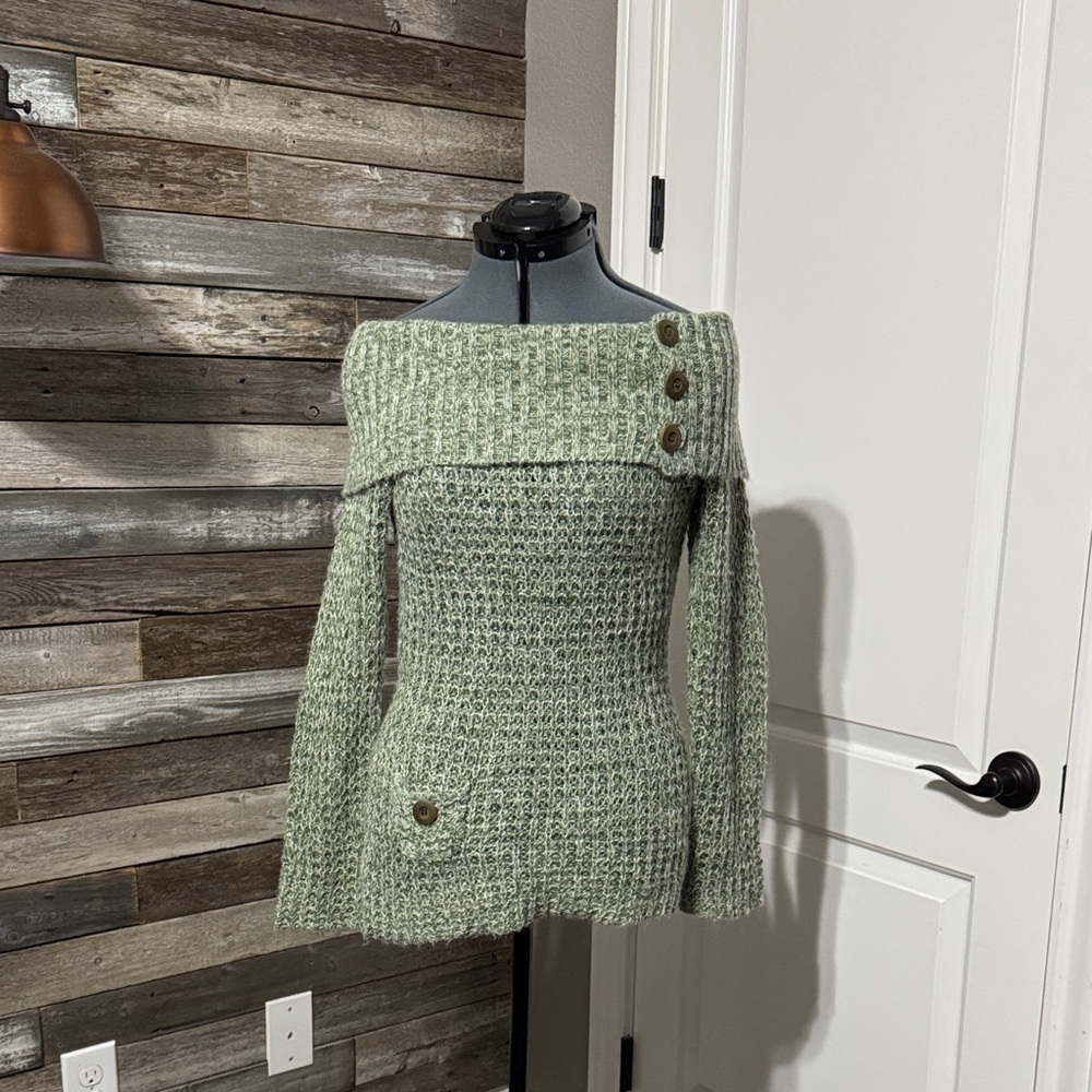 Elegant Off-Shoulder Knit Sweater - Olive Green